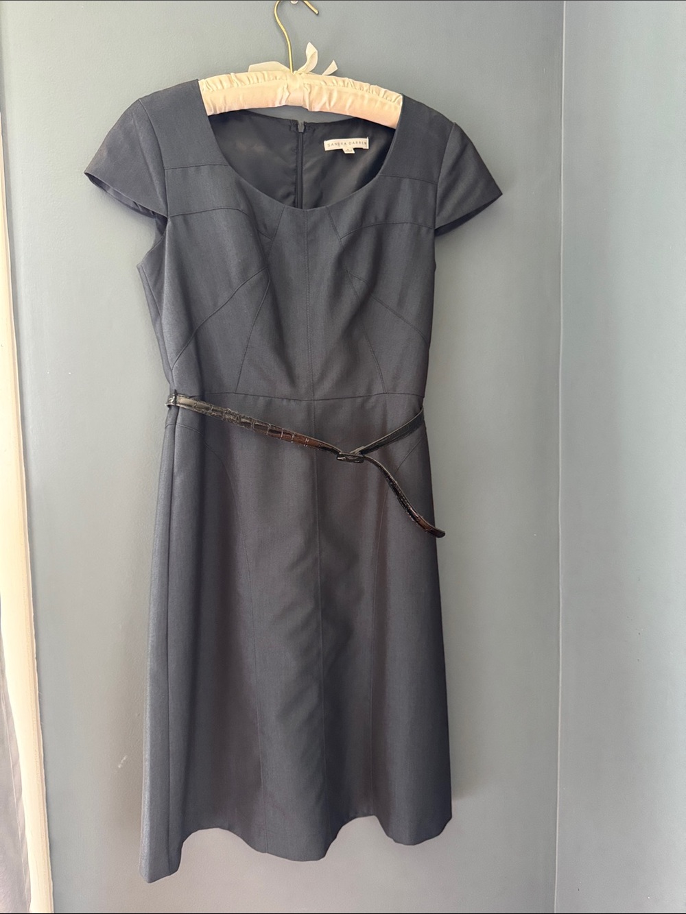 Sandra Darren Navy Fit-and-Flare Dress with Black Belt